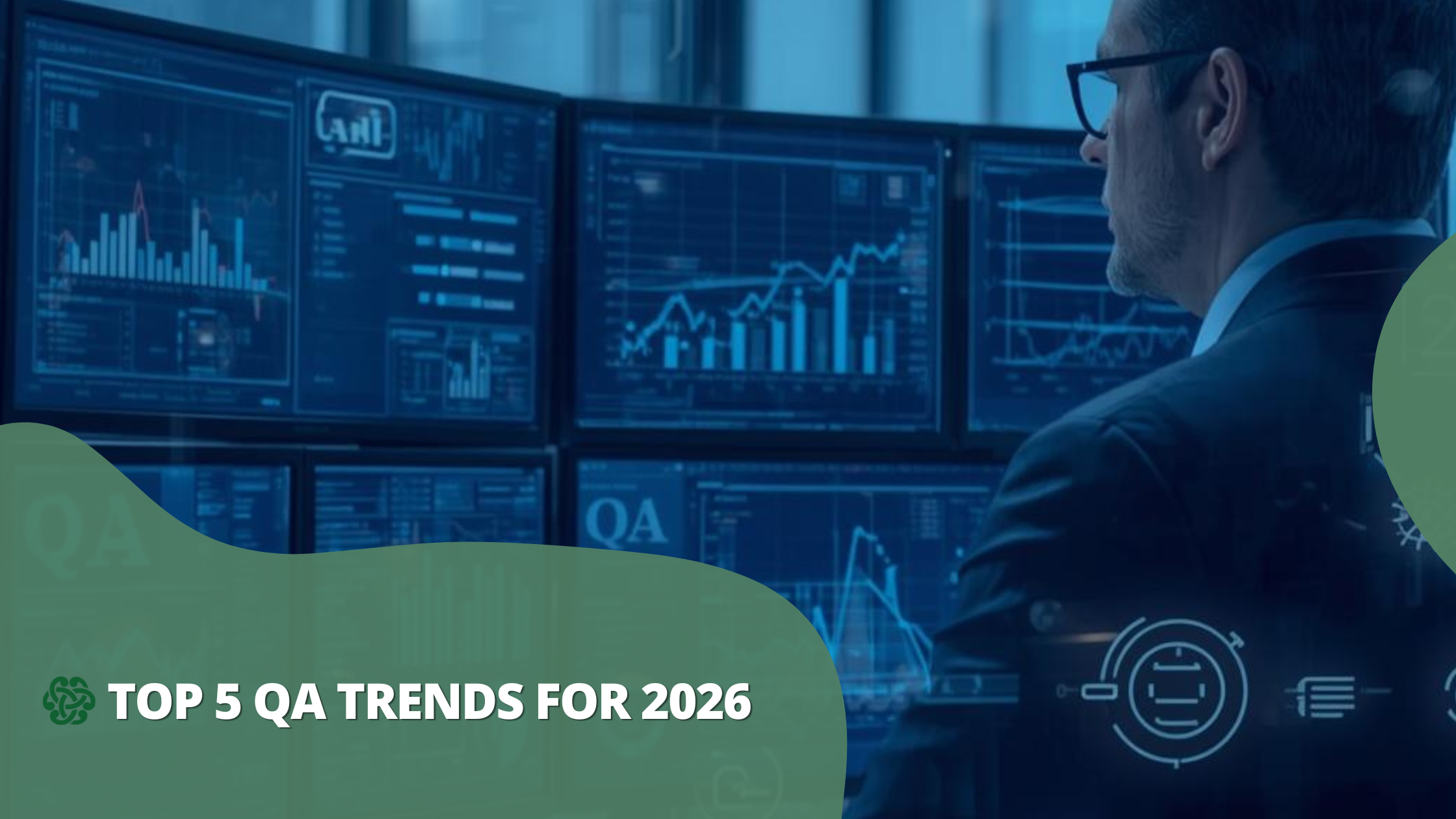 CIO reviewing QA dashboards highlighting AI-assisted testing, shift-left automation, API-first strategies, and QA analytics trends for 2026