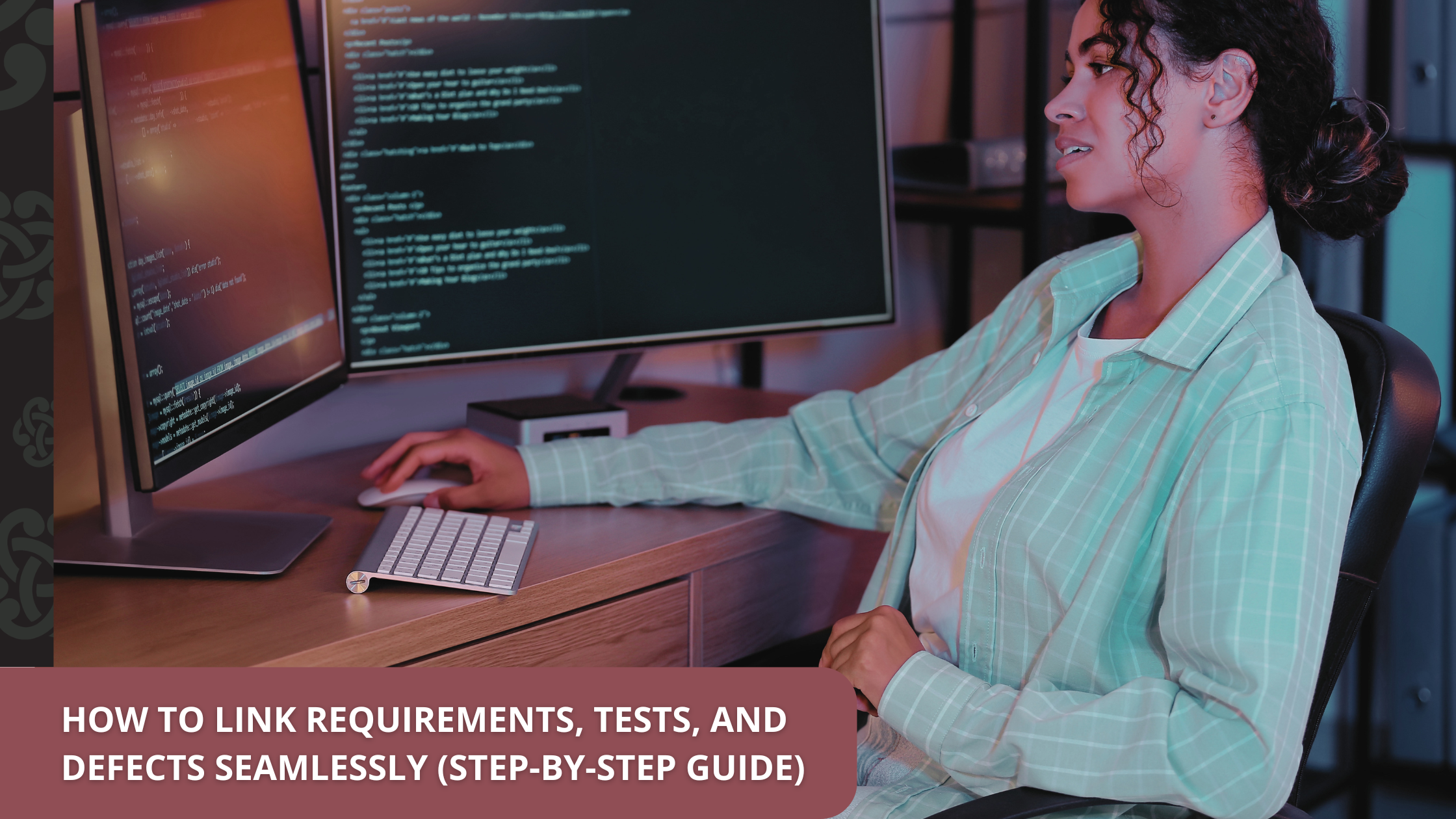 Software professional reviewing code on dual monitors, representing traceability between requirements, test cases, and defects in a QA workflow