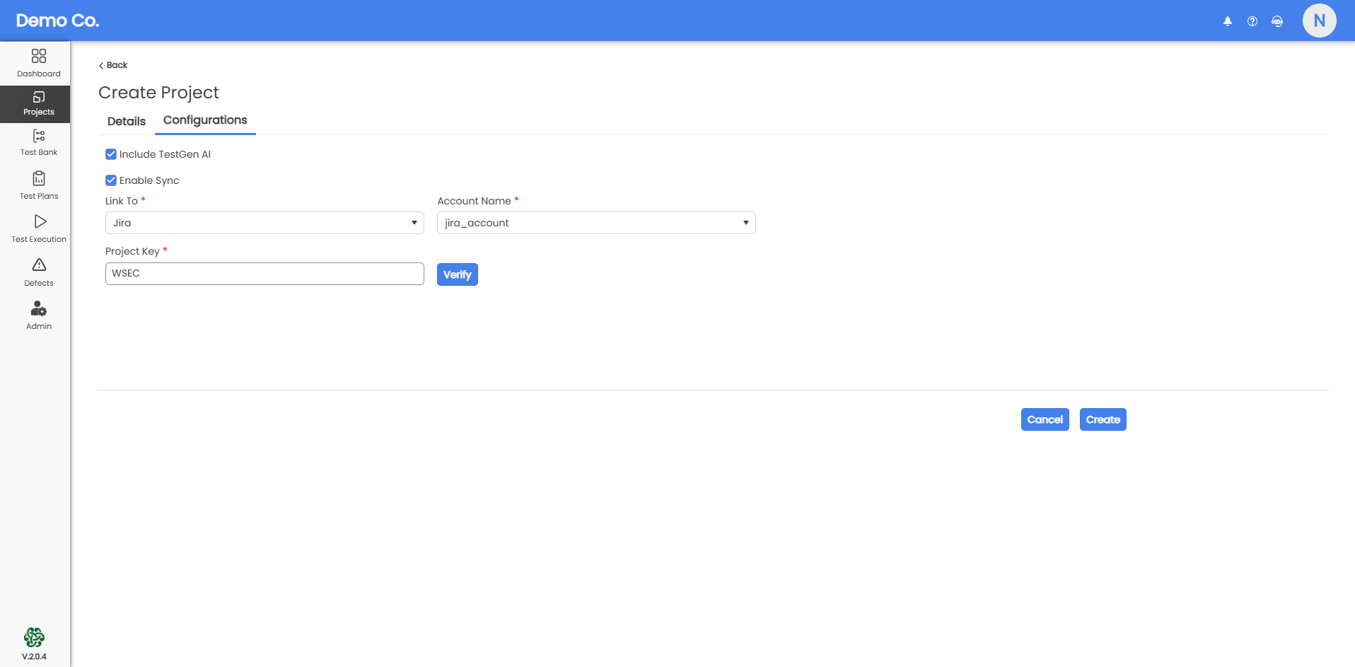 QAConnector Test Stack Integration configuration panel.