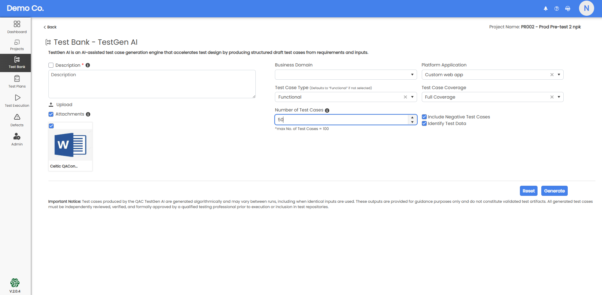 TestGen AI in QAConnector generating test cases from a user story.